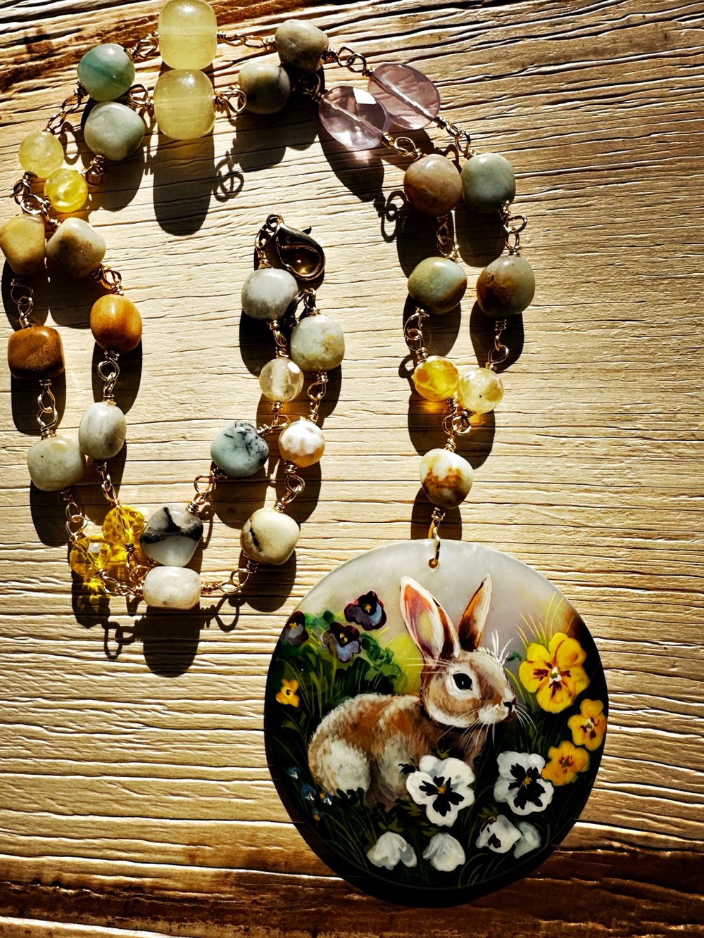 Handoainted Bunny Portrait on Shell Pendant Necklace